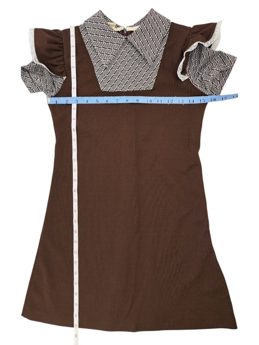 Vintage Girl Dress Polyester Brown Size 12 Lace Trimmed Sleeves Geometric Collar - Picture 9 of 10